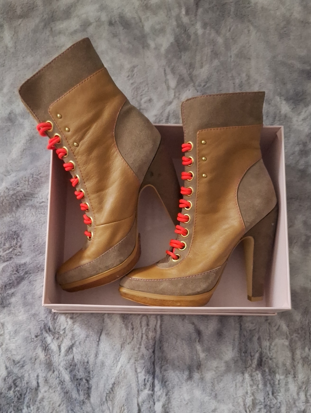 NWOT Victoria's Secret Suede & Leather High-Heel Lace-Up Booties with Neon Laces